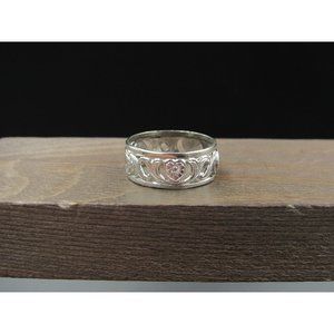 Size 8 Sterling Silver Fancy Flower Heart Band Ring Vintage Statement Engagement
